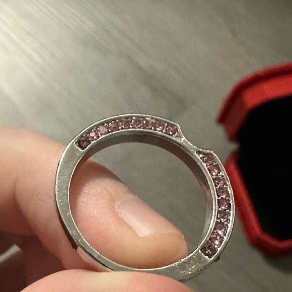 Silver‎ Toned & Pink Rhinestone Notched Stackable Ring Size 5.5 Estimated - Picture 5 of 6